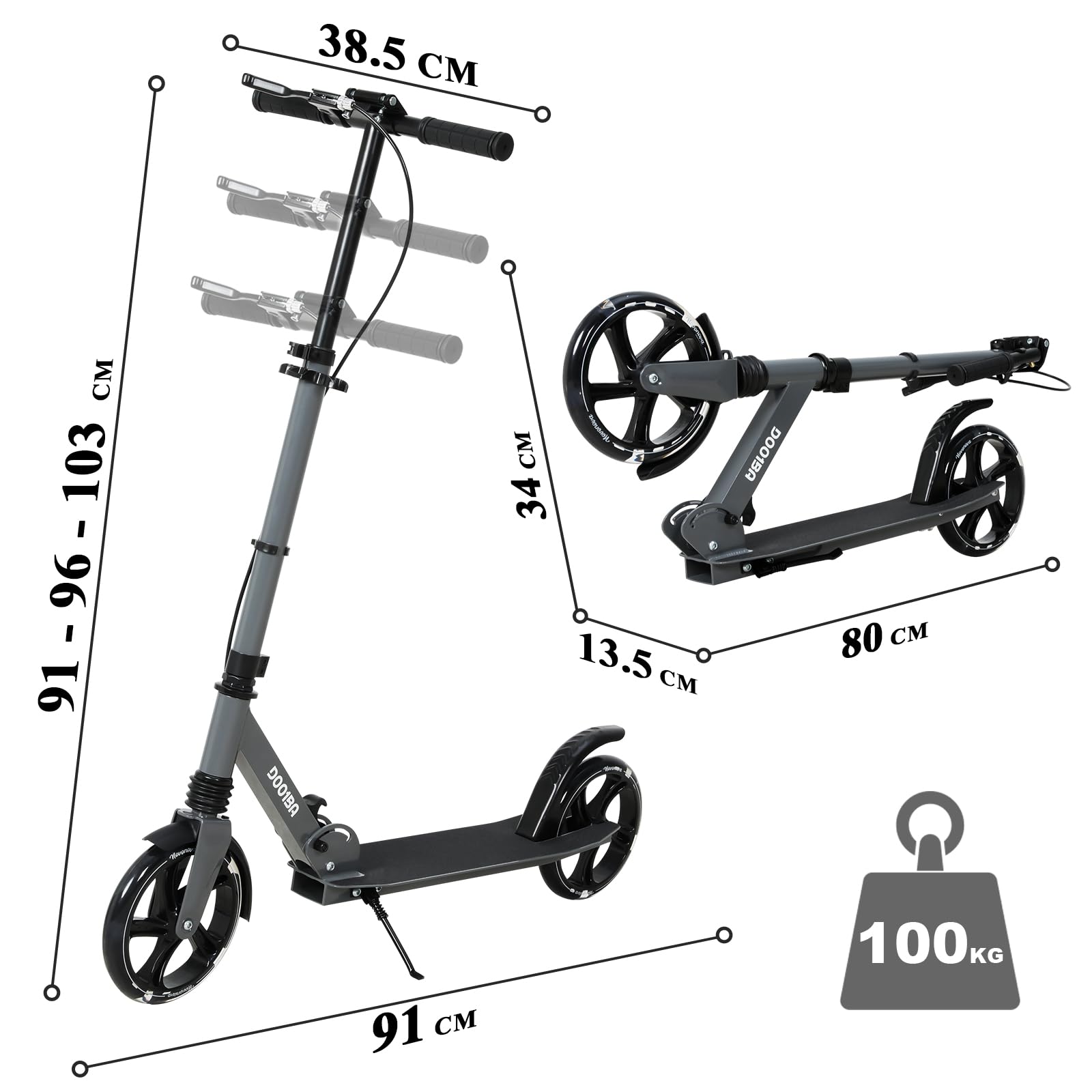 Trottinette Pliable Ado 9-14 Ans, Trottinette Adolescent avec Frein au Guidon, Trotinette Grande Roue 200MM, Trotinettes Guidon Hauteur Ajustable 3 Niveaux, Enfant/Ado 125-175CM, Charge 100KG