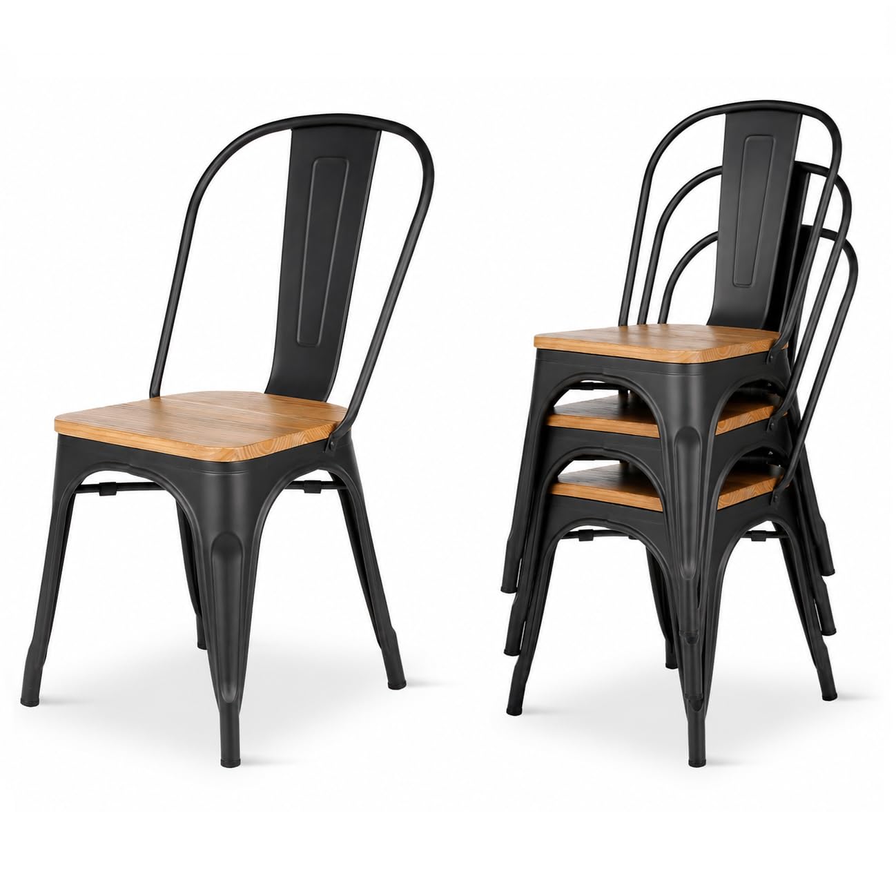 Kosmi - Lot de 4 chaises Style Industriel en métal Noir Mat et Assise en Bois Clair