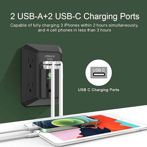 Miniatura 4 de QINLIANF cargador USB de pared, protector contra sobrecargas, extensor de 5 tomas con 4 puertos de carga USB (4.8 A en total), 3 lados, 1,680 J