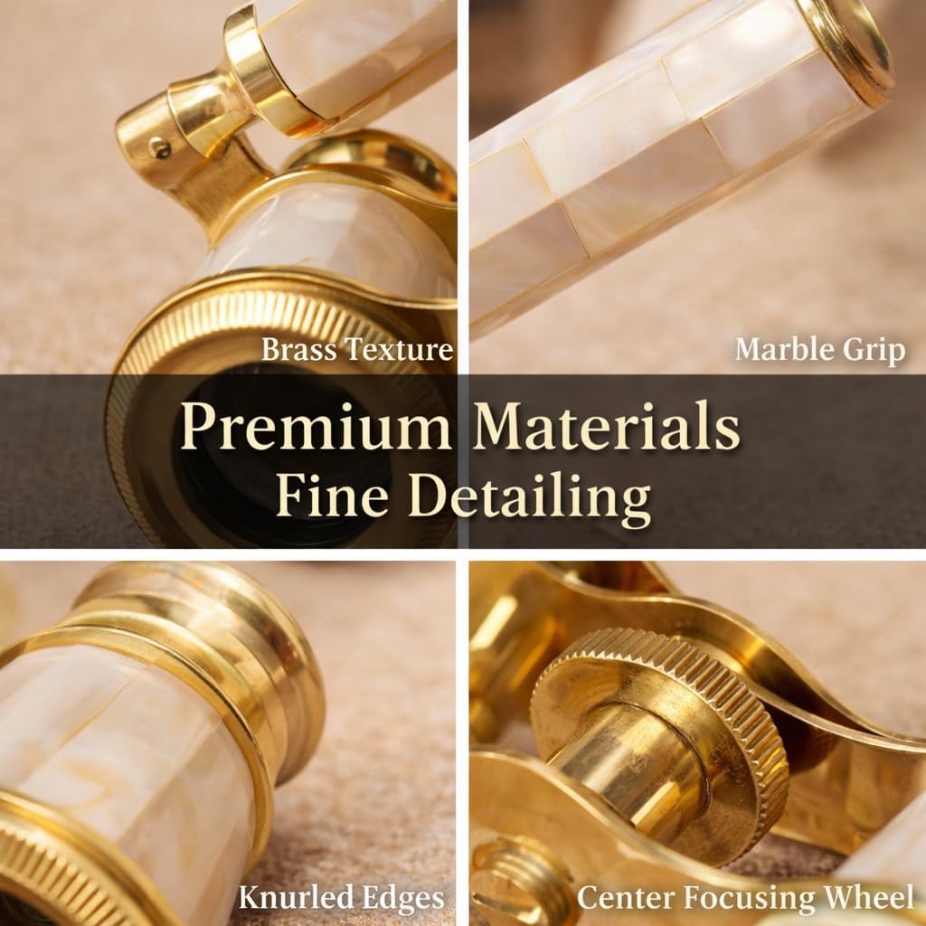 Vintage Brass Opera Glasses with Marble Finish – Victorian Theater Binoculars with Leather Case – Decorative Collectible for Home Décor, Concerts & Gifts