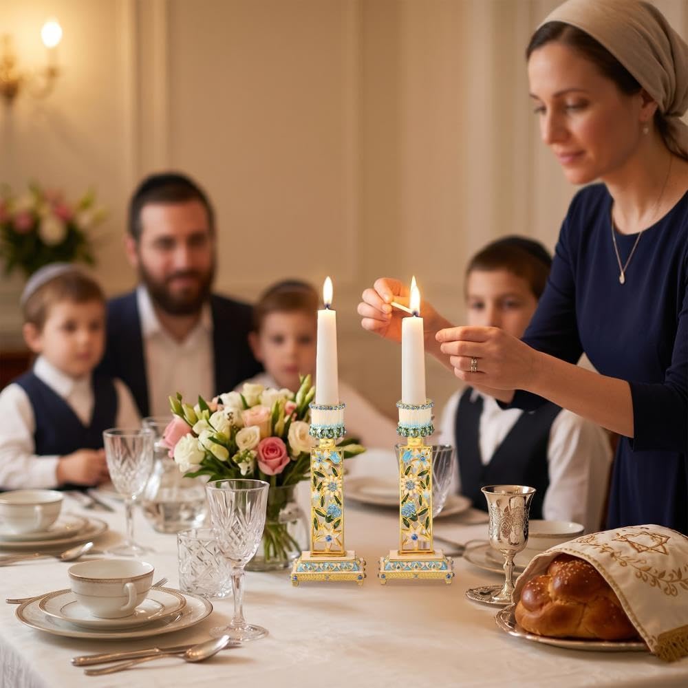 Matashi Shabbat Candlesticks Holder Set of 2 – Hand-Painted Gold-Plated Pewter Candle Holders, Blue Floral Design, Tall Vintage Judaica Décor for Sabbath, Jewish | Intricate Floral Filigree and Blue Crystals - Traditional Jewish Sabbath Candle Holders, Luxury Judaica Home Gift