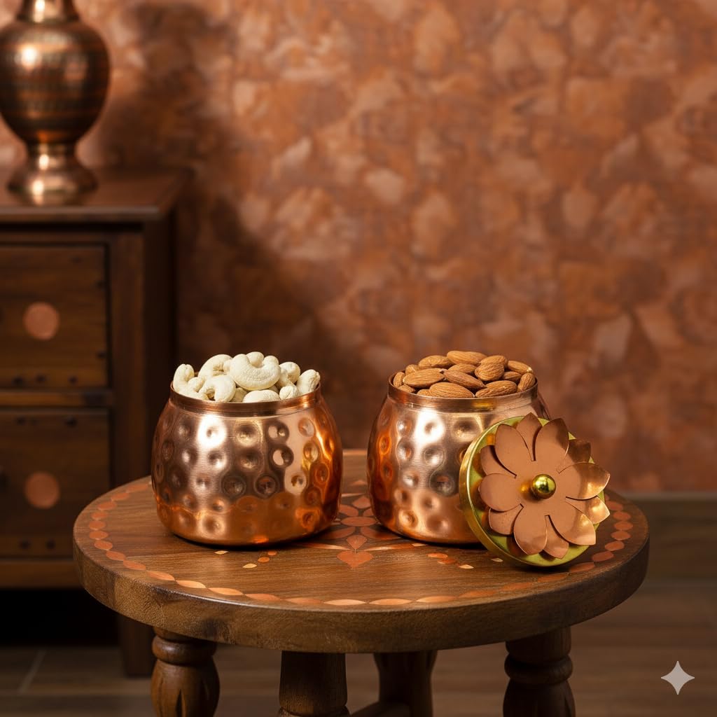 Akanksha Arts Handcrafted Copper Storage Box pair with Floral Lid, Rose Gold, 4 Inch Height, Decorative Container for Dry Fruits 3