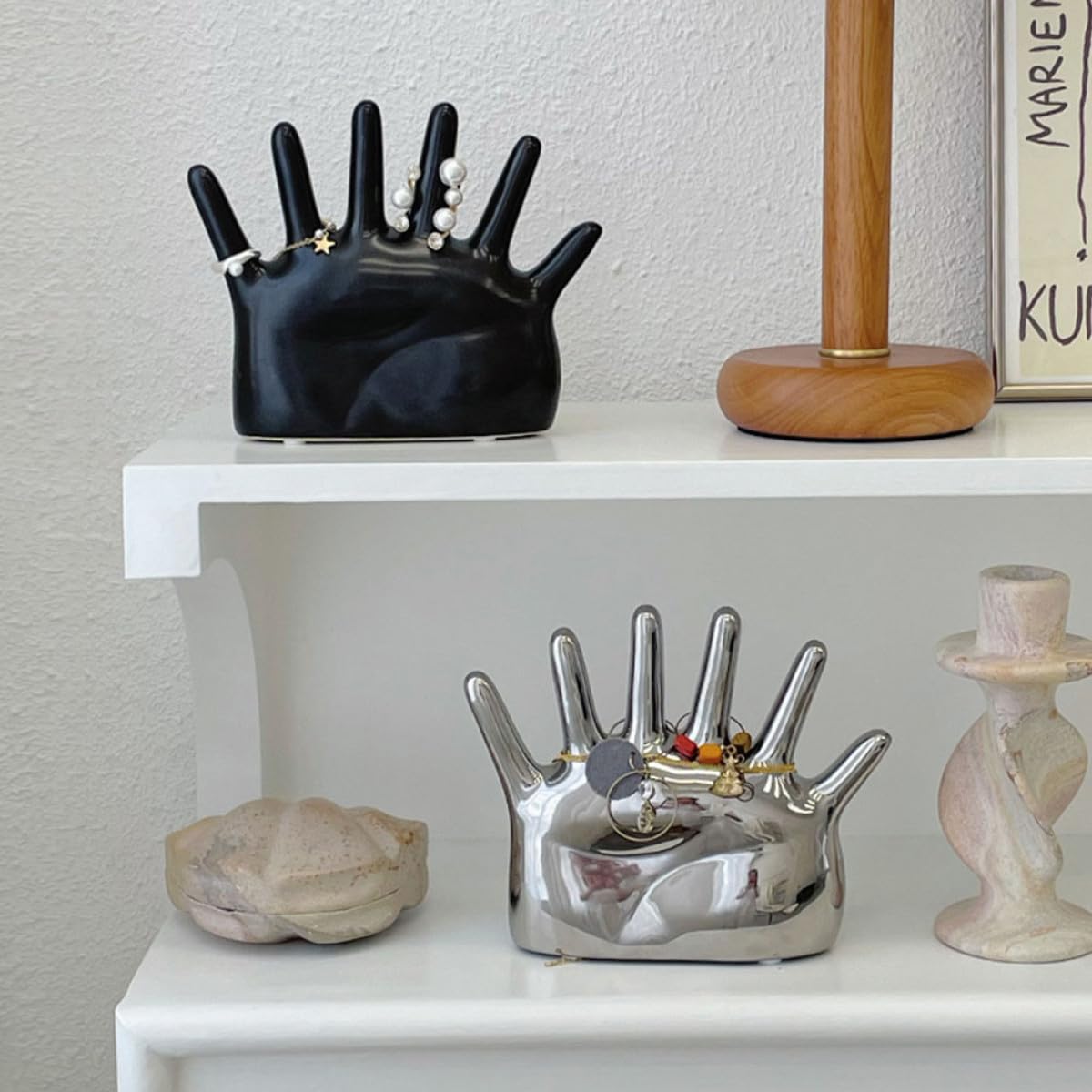 Alipis Ringhalter aus Keramik Handförmig Schwarz Schmuckorganizer für Ringe und Ketten Platzsparender Schmuckständer für Damen und Mädchen Dekorativer Ringständer und Fotoaccessoire