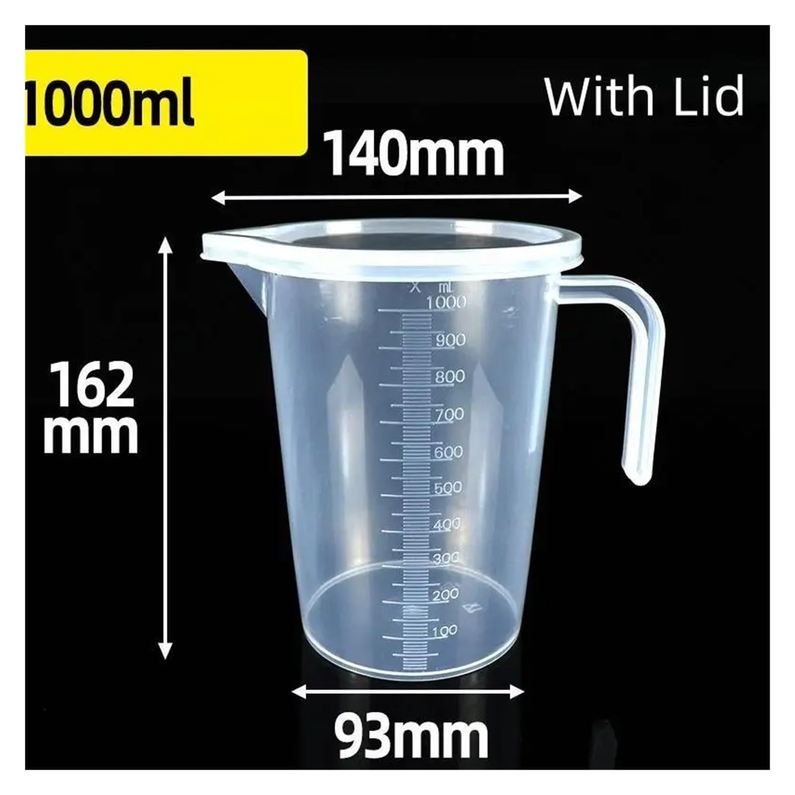 Tasse à mesurer graduée en plastique grande capacité, bécher de laboratoire transparent avec couvercle, idéale for la cuisine et la pâtisserie.(1000ML with lid)