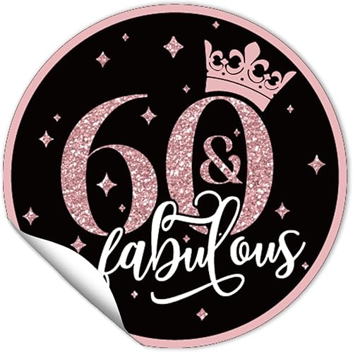 REWIDPARTY Calcomanías redondas de 1.5 pulgadas para cumpleaños n. 60 (80 piezas) de oro rosa de 60 y fabulosas calcomanías adhesivas para fiesta de