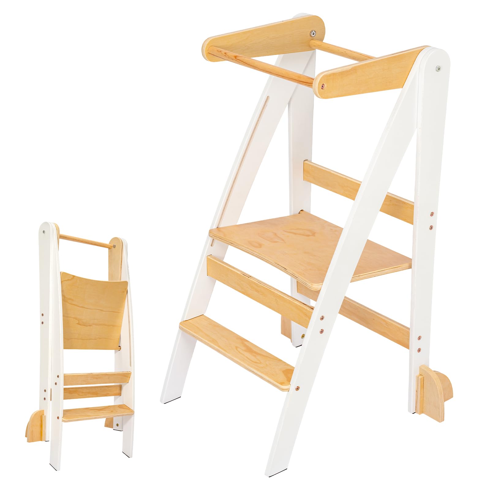 EVERGOODS Wooden Learning Tower for Kids, Foldable Step Stool with Anti-Tip Safety Design, Space-Saving Kitchen Helper Tower for Learning Activities, Kitchen and Bathroom (White)