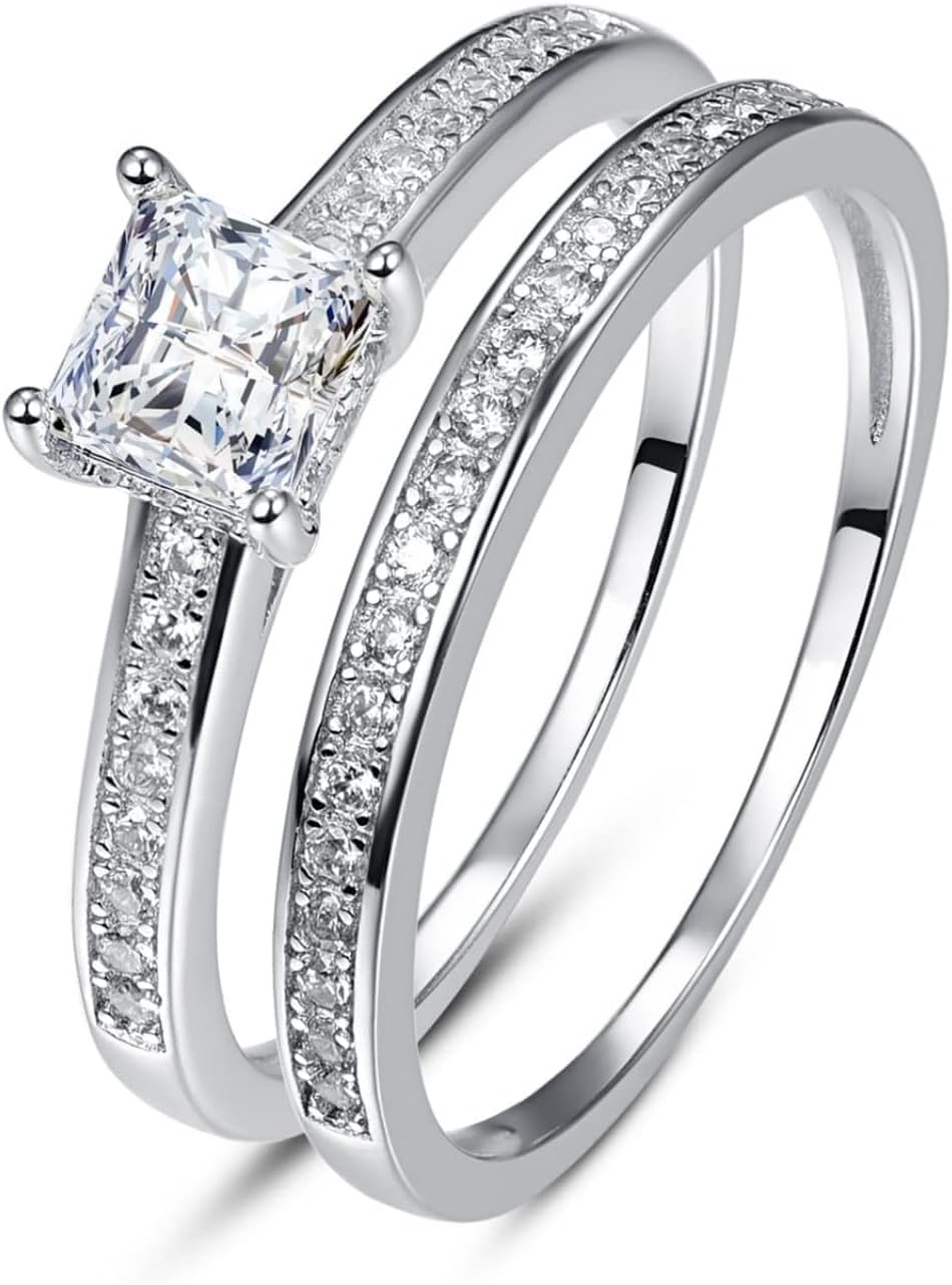 Bonlavie1.35ct Cubic Zirconia Engagement Rings Set Princess Cut Wedding Rings for women White CZ Silver Bridal Wedding Band Set Size J 1/2- T 1/2