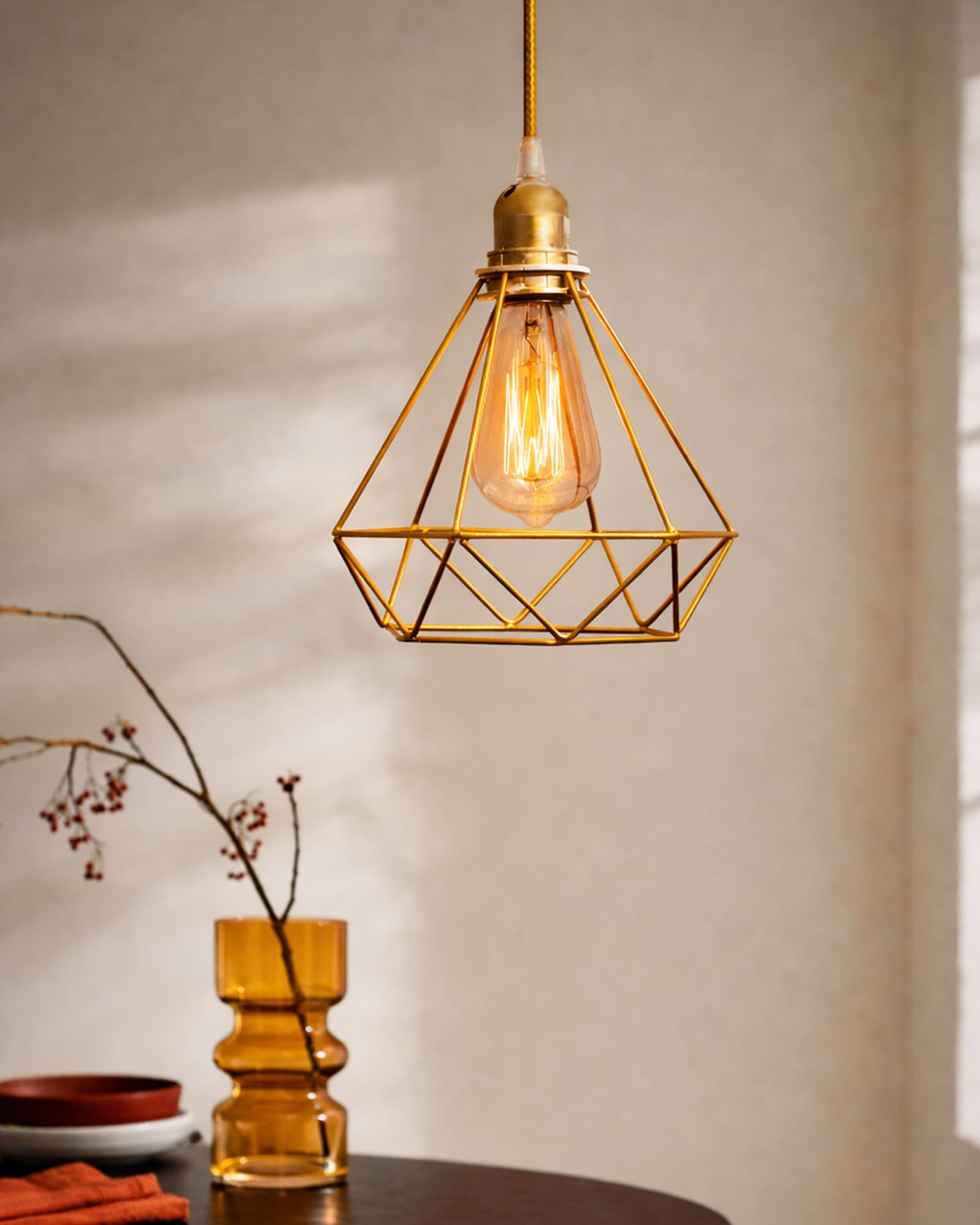 Homesake® Lighting Metal Cage Lampshade for Pendant Light with Antique Handcraft Brushed Holders Hanging Lighting Cord Fixture Farmhouse Bedroom Dining Room Decoration (Gold)-image-15
