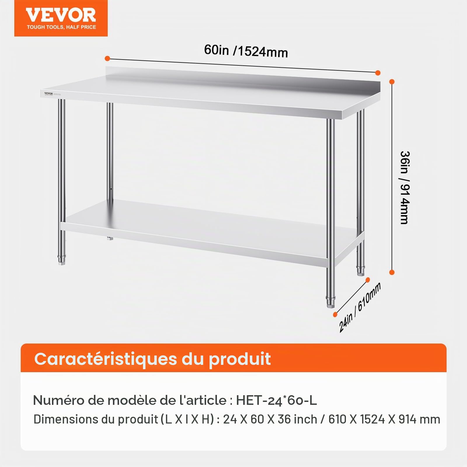VEVOR Table de Travail en Acier Inoxydable 61x152,4x91,4 cm, Table de Préparation des Aliments Durable, Hauteur Réglable, Meuble de Rangement des Aliments, pour Cuisine Restaurant Bar Hôtel Maison