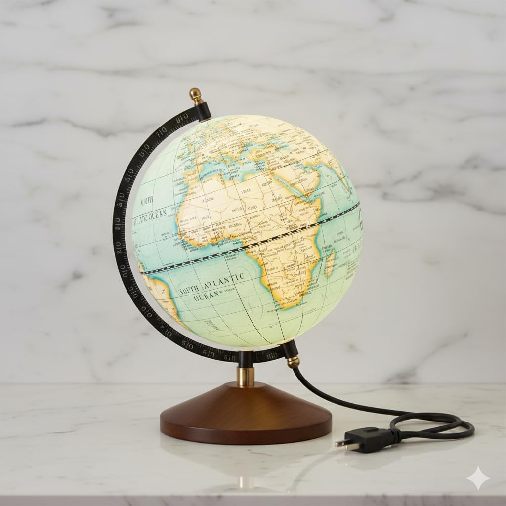 Decorative World Globe with Wooden Base, Multi Colour Political Map, Polished Metal Stand, 8 Inches Diameter, Educational Desk Globe