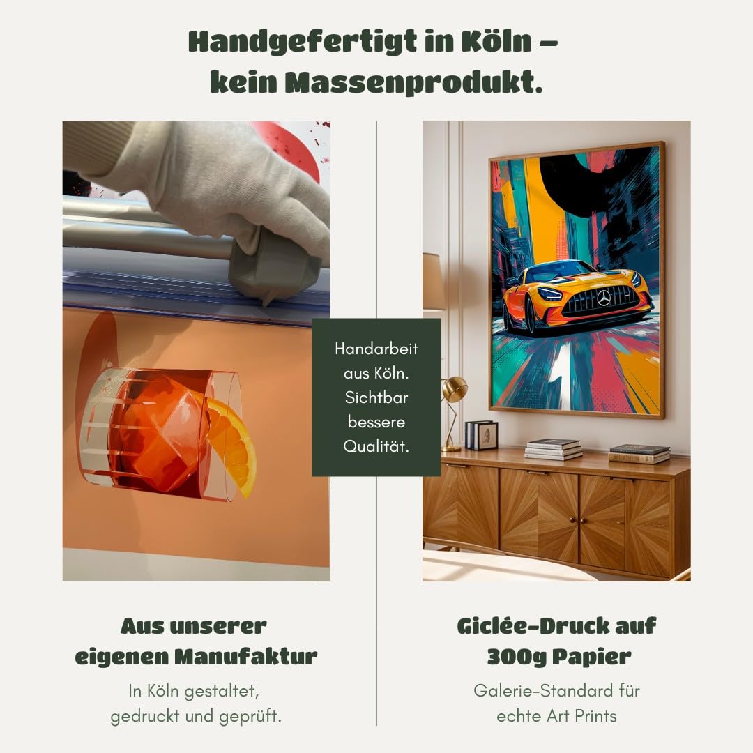 MJ-GRAPHICS® Poster Sportwagen Kunstdruck futuristisches Wandbild abstrakt orange blau urban Deko fürs Wohnzimmerbilder Auto Deko Bilder Büro Wanddeko A2 mit beigem Rahmen