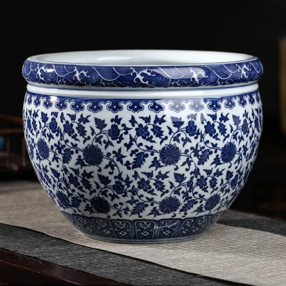 Ceramiczna doniczka, niebiesko-biała porcelanowa miska na ryby do dekoracji wnętrz i na zewnątrz, doniczka w stylu antycznym z nadrukiem kwiatowym