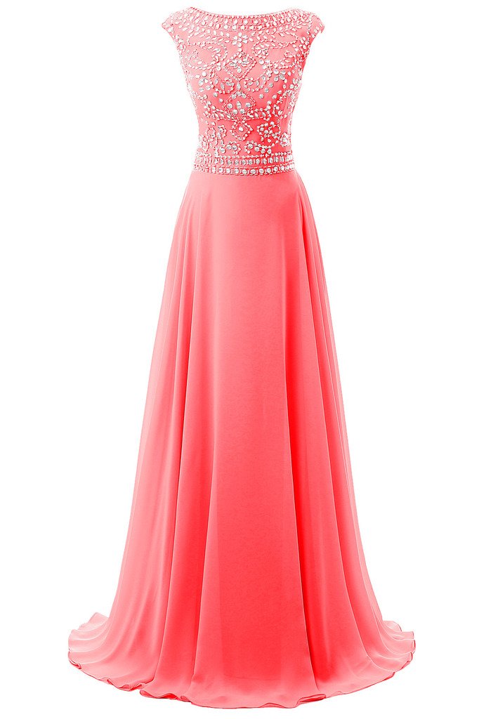 Women's Long Chiffon Bridesmaid Dress Cap Sleeves Beaded Prom Eveing Gown - Coral - 14