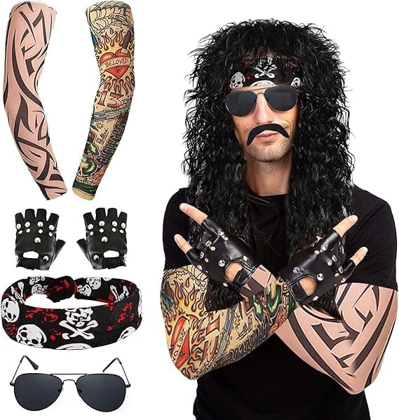 Svzadipe 7 Pcs Rocker Costume Mens Curls Disco Party with Wigs Sunglasses Beards Sleeves Gloves Headscarves for 70s 80s 90s