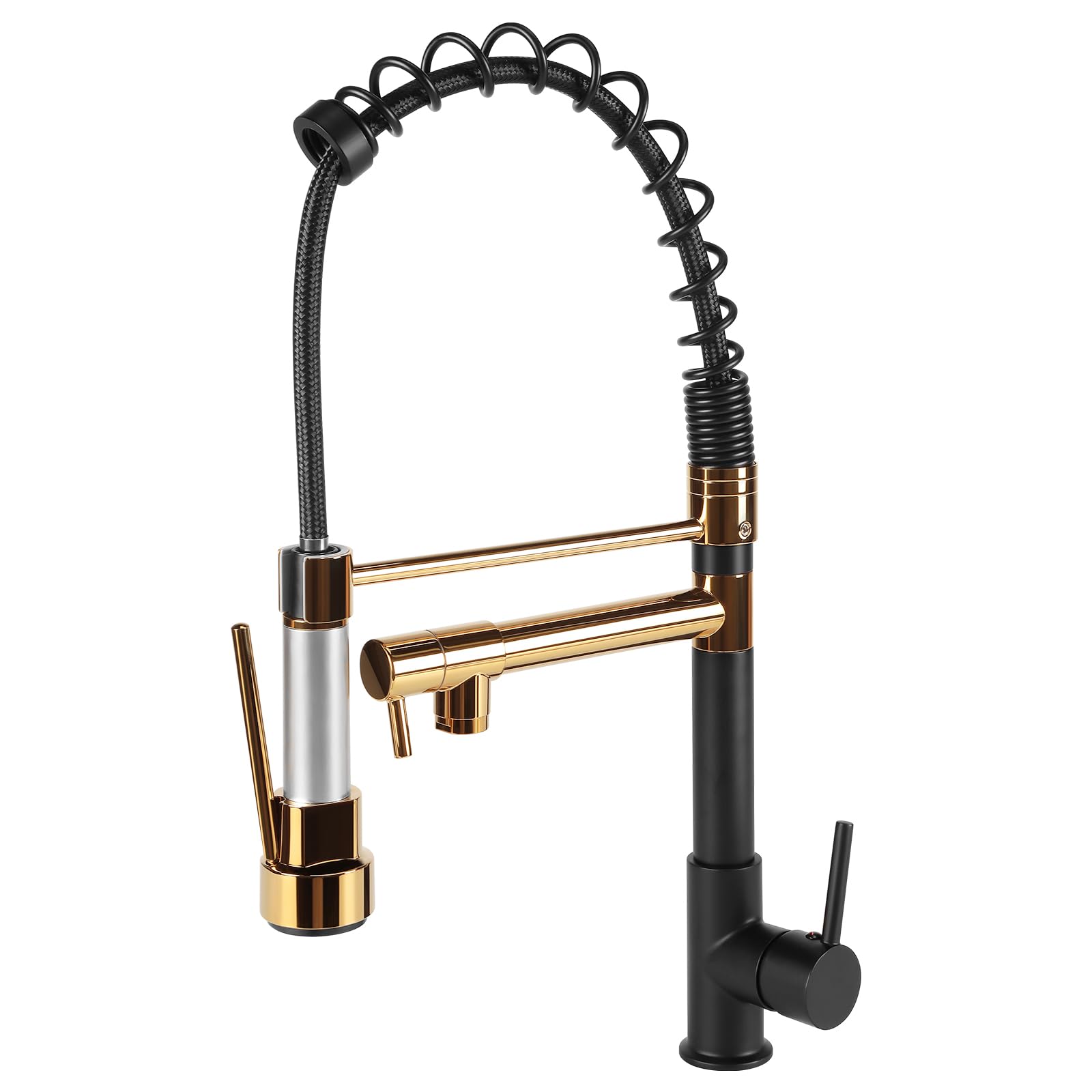 Robinet de cuisine avec douchette pivotante à 360°, avec ressort en spirale, couleur noir + jaune or