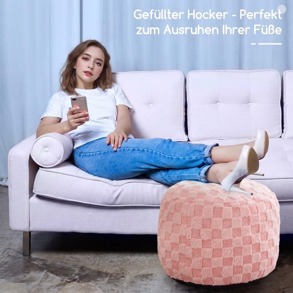 HIGOGOGO Pouf rond rembourré en tissu à carreaux avec rembourrage en mousse, repose-pieds en fourrure avec espace de rangement, 50 x 35 cm, comme pouf de sol pour salon, rose