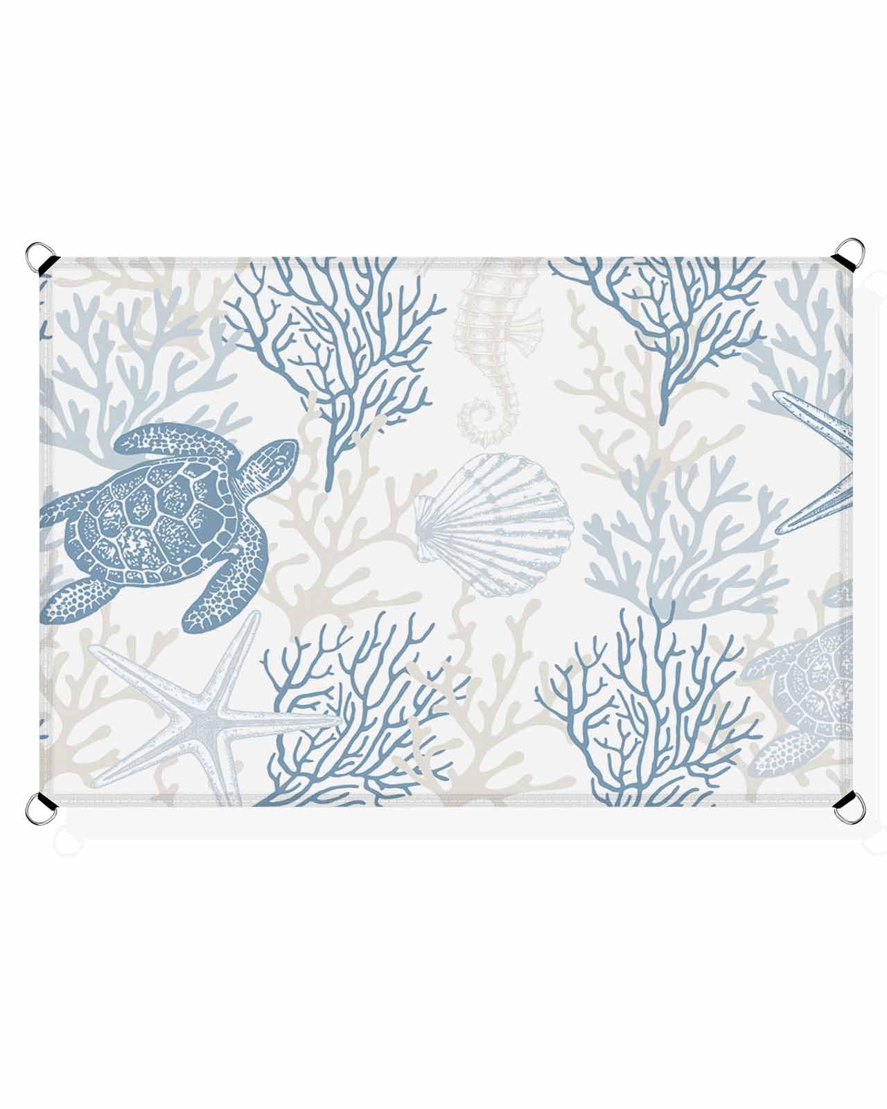 Coastal Blue Coral Turtle Sun Sail Shades Rectangle Canopy,Sunlight Block Heavy Duty Curved Backyard Shade Cover,Waterproof Sun Shades for Patios Outdoor,12'x16' Summer Ocean Shell Starfish Seahorse