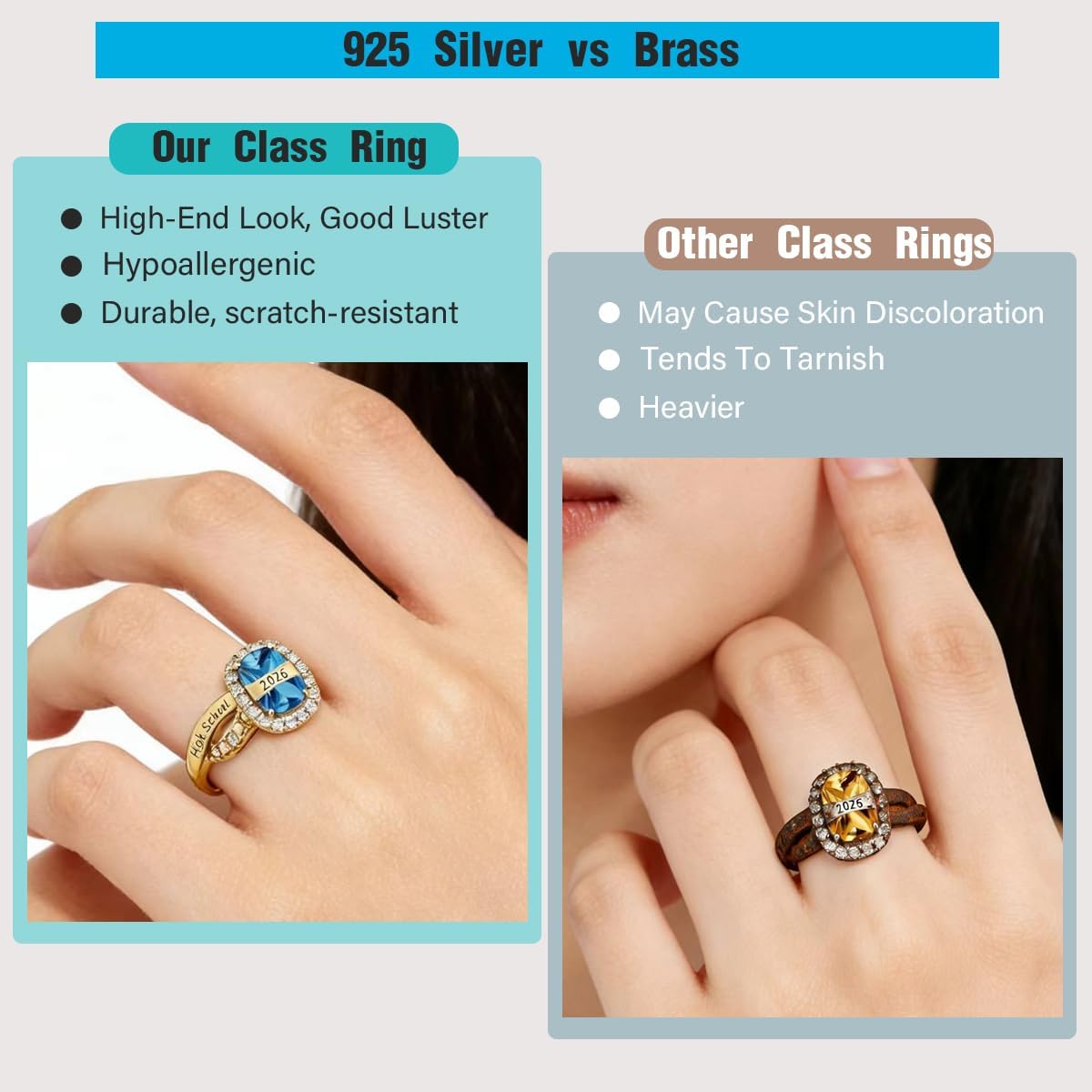 PhaedraOona Custom Class Rings - Personalized Women's Graduation Rings, Sterling Silver, Size 5-15, Cubic Zirconia Birthstone