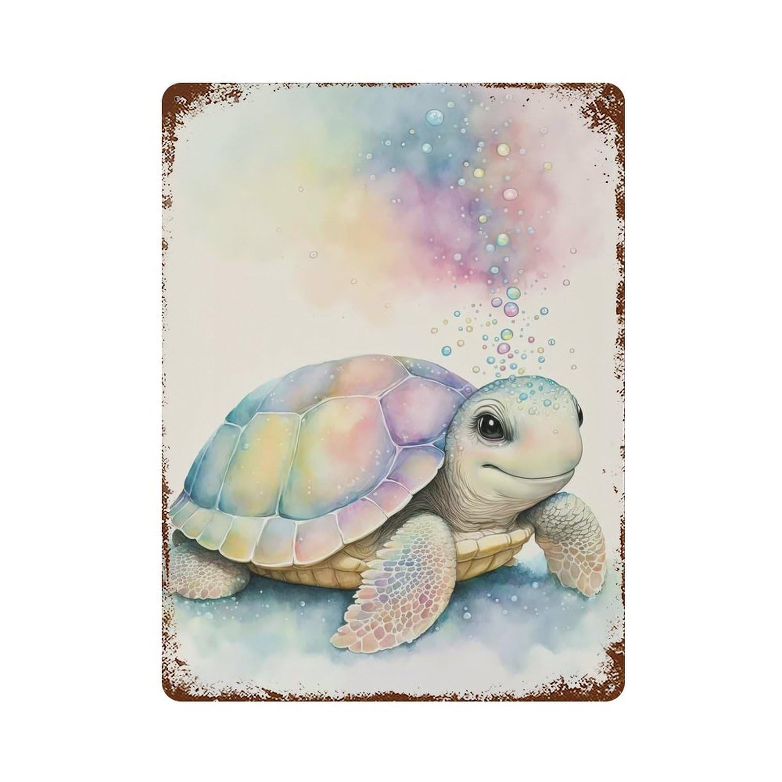 Distressed Metal Wall Sign with Sweet Turtle in Pastel Design 15.7"x11.8", for Living Room, Hallway And Home Decor, Vintage Wall Decor
