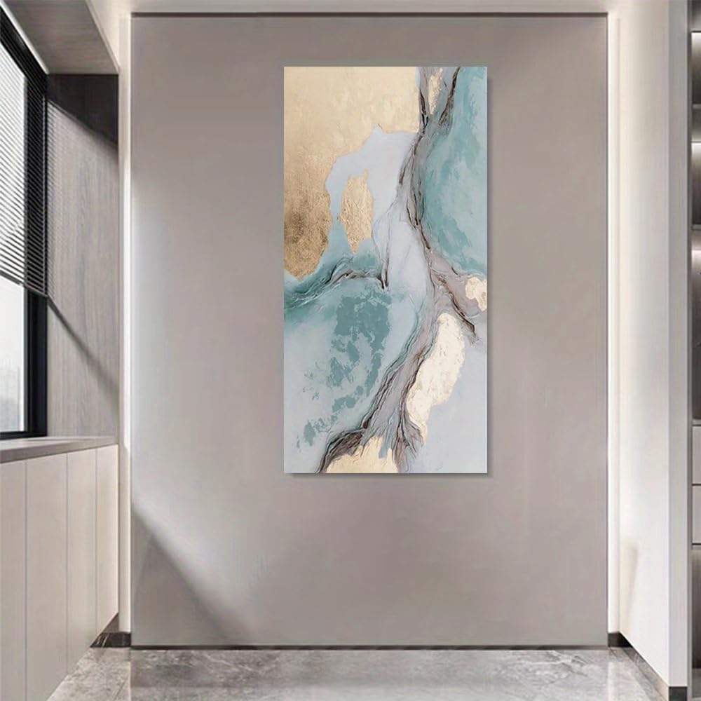 AEFOUU Marble Textured Abstract Canvas Wall Art Prints, Golden Foil Green Textured Painting Wall Decor Posters Decoration Picture(65x130cm/26x52in/Internal Frame)
