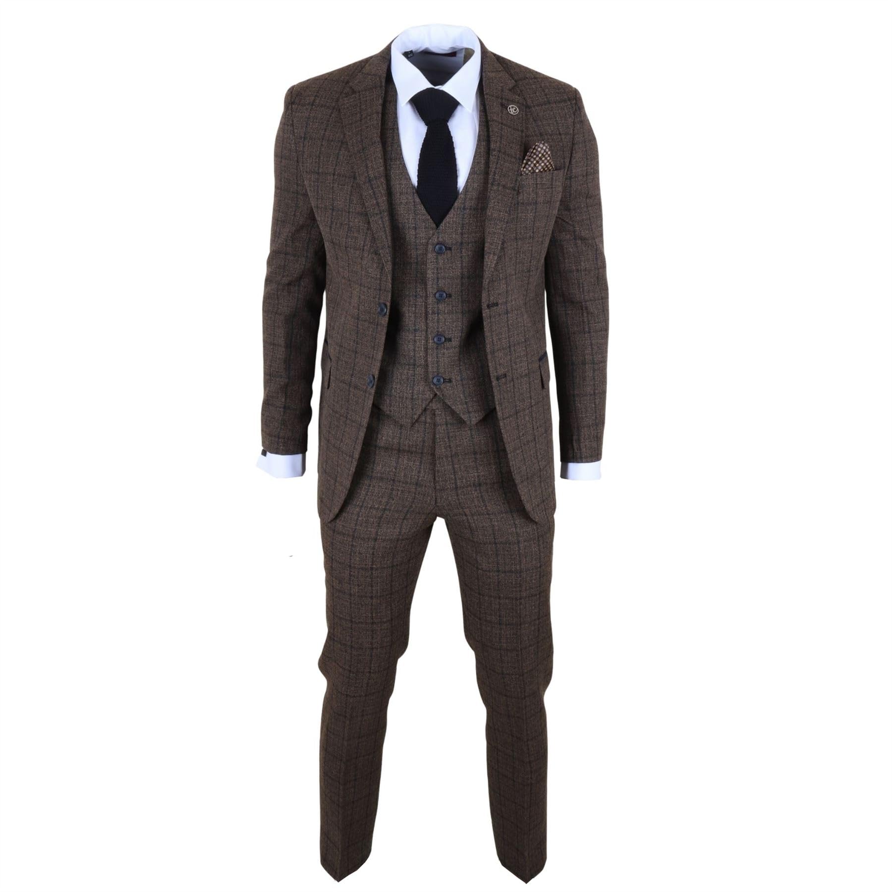 Men's Dark Brown 3 Piece Plaid Check Suit Tailored Fit Formal Dress Suits - Dark Brown 46