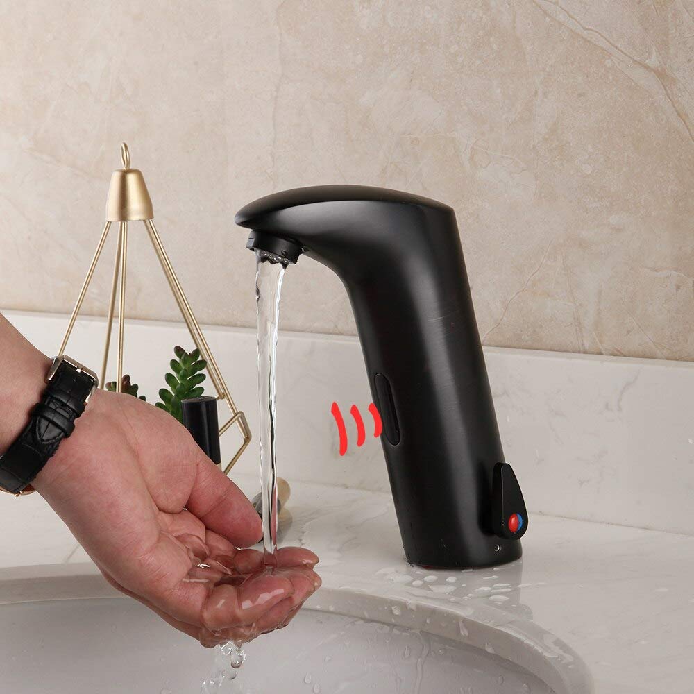 Rubinetto con sensore Automatico, Miscelatore per Acqua Calda e Fredda in Ottone Massiccio Nero Opaco, Rubinetto a infrarossi Senza Contatto, lavabo per Bagno (Colore: Orb)