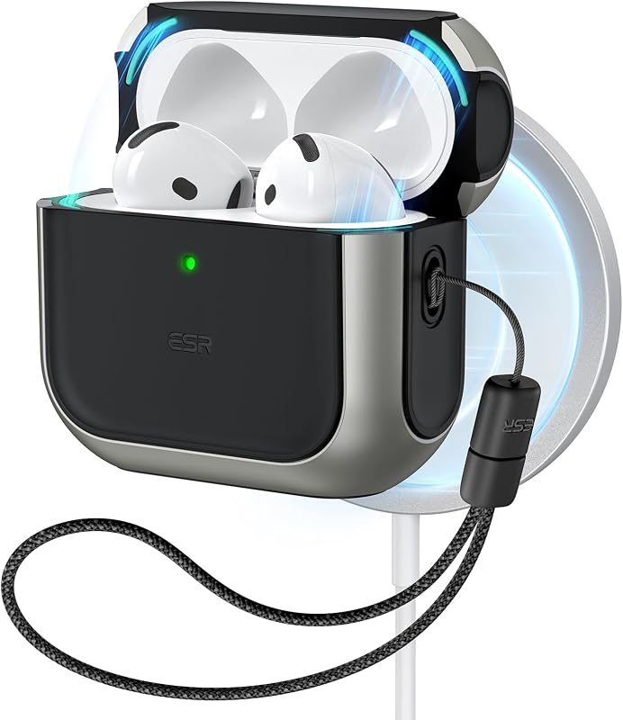 ESR Funda AirPods 4, Compatible con AirPods 4.ª Generación (2024) (USB-C), MagSafe, Funda Protectora contra Caídas con Cordón, Cierre Magnético de Tapa, Orbit Hybrid, Titanio