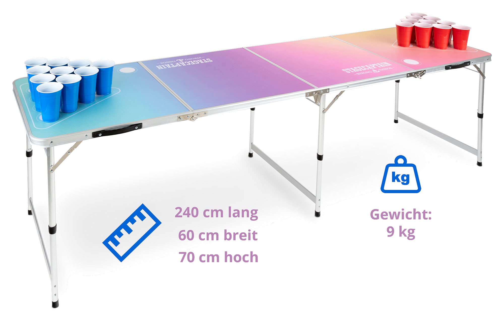 Table Beer Pong Stagecaptain Club Pliable Stable Aluminium Plateau MDF Mélaminé 5 mm Inclus 100 Gobelets 6 Balles Montage Rapide Compact Transport