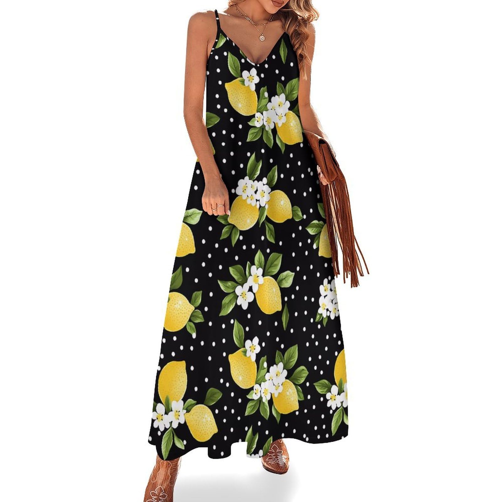 Vestido casual de verano con estampado de lunares y flores de limón para mujer, vestido largo de espagueti ajustable, largo hasta el tobillo con volantes