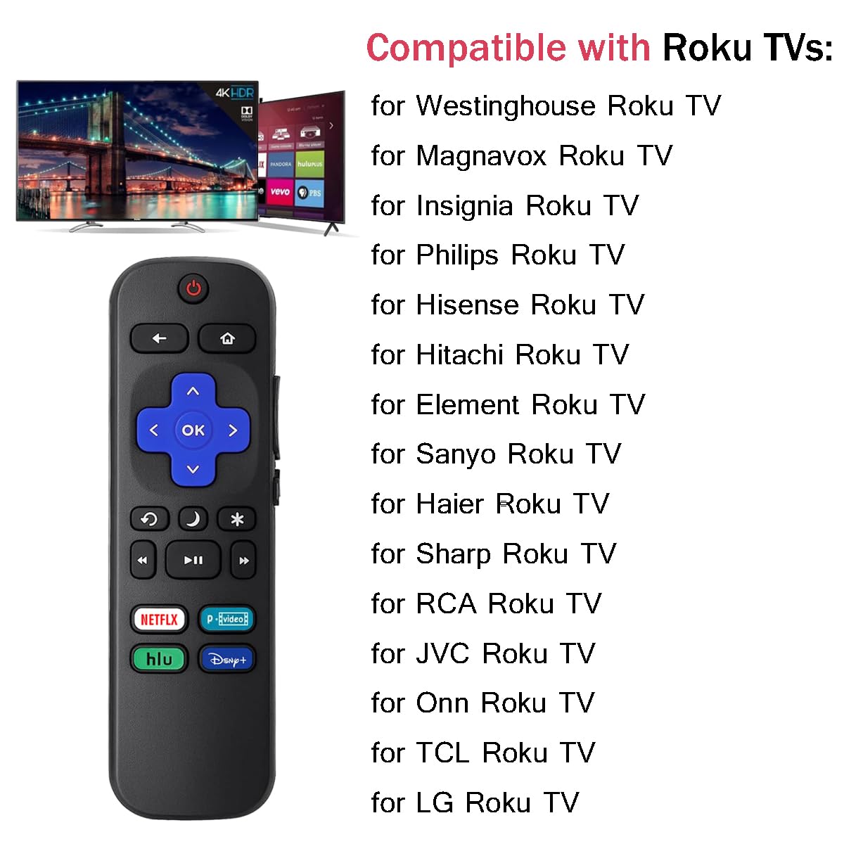 Telecomando universale di ricambio per Roku TV tutti i modelli, compatibile con Smart TV TCL/Hisense/Sharp/Philips/Onn/Element/Insignia/JVC/RCA R0KU (non per RokuStick, box e lettori)