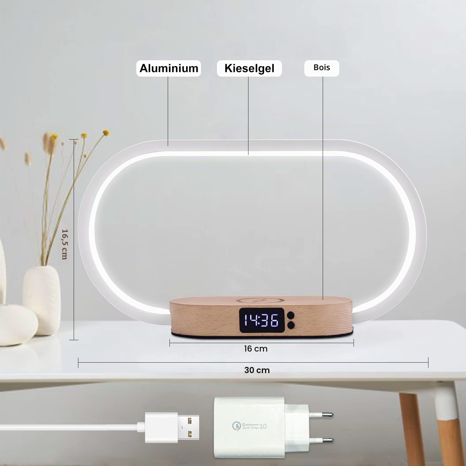 Lampe de Chevet Chargeur sans Fil 15W, Lampe Chevet Bois avec Horloge et Port USB, Lampe de Table Tactile Dimmable avec 3 Modes de Couleur pour Lecture Chambre Bureau, Bois&Blanc
