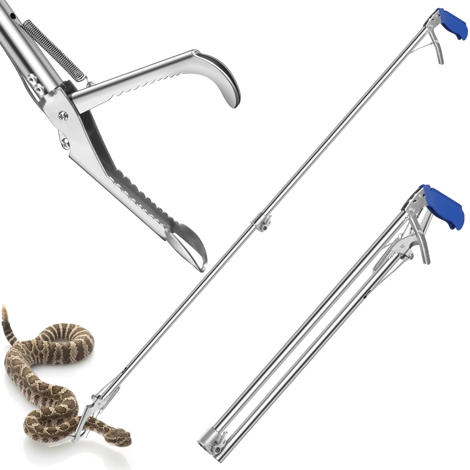60" Stainless Steel Snake Tong - Foldable Snake Grabber Tool, Sponge Wrapped Non-Slip Grip Handle, 35mm Heavy Duty Tube, Aluminum Snake Jaws & Folded