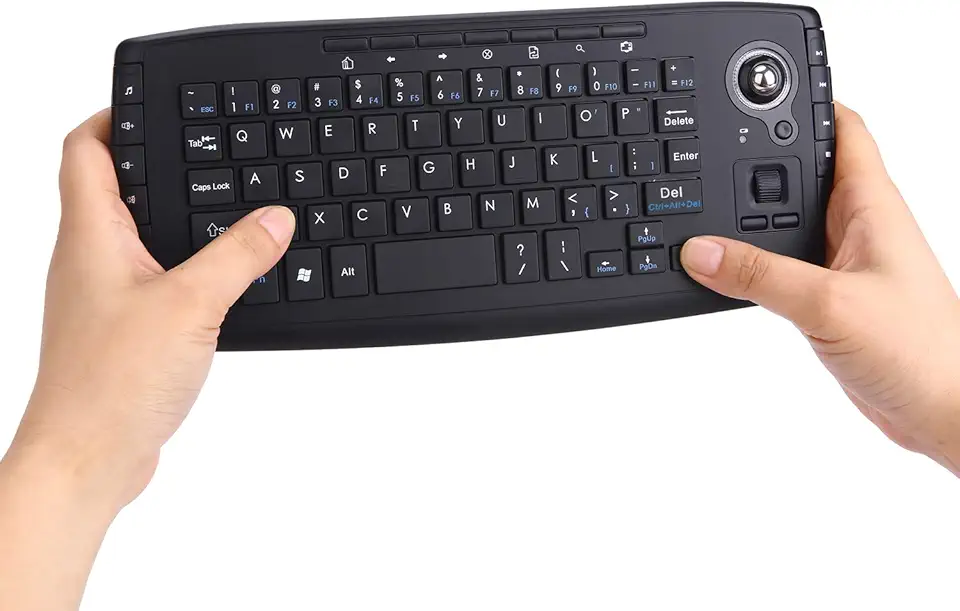 Fonicer Mini Teclado Multimídia Sem Fio de 2,4 Ghz com Trackball, Mouse e Roda de Rolagem para Pc, Mac, Android, Tv Box, Controle Remoto, Estrutura Em X, Preto.