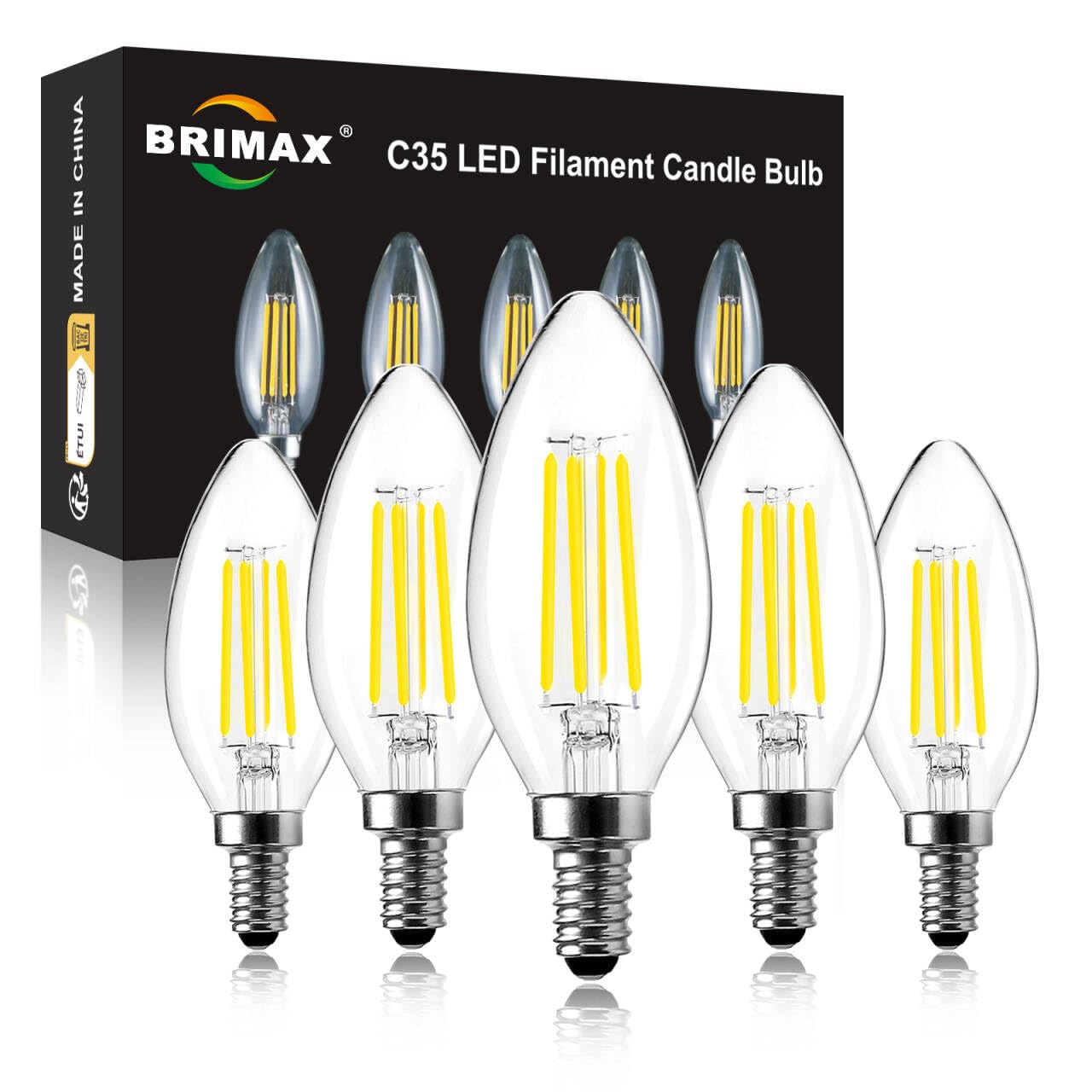 BRIMAX LED Dimmbare Kerzen Glühbirnen, 5000K Kaltweiss, E14 Fassung, 4W ersetzt 40 Watt, 400 Lumen, AC220-240V, Glas Klar Edison Fadenlampe C35 für Kronleuchter Arbeiten Studieren 5 Stück