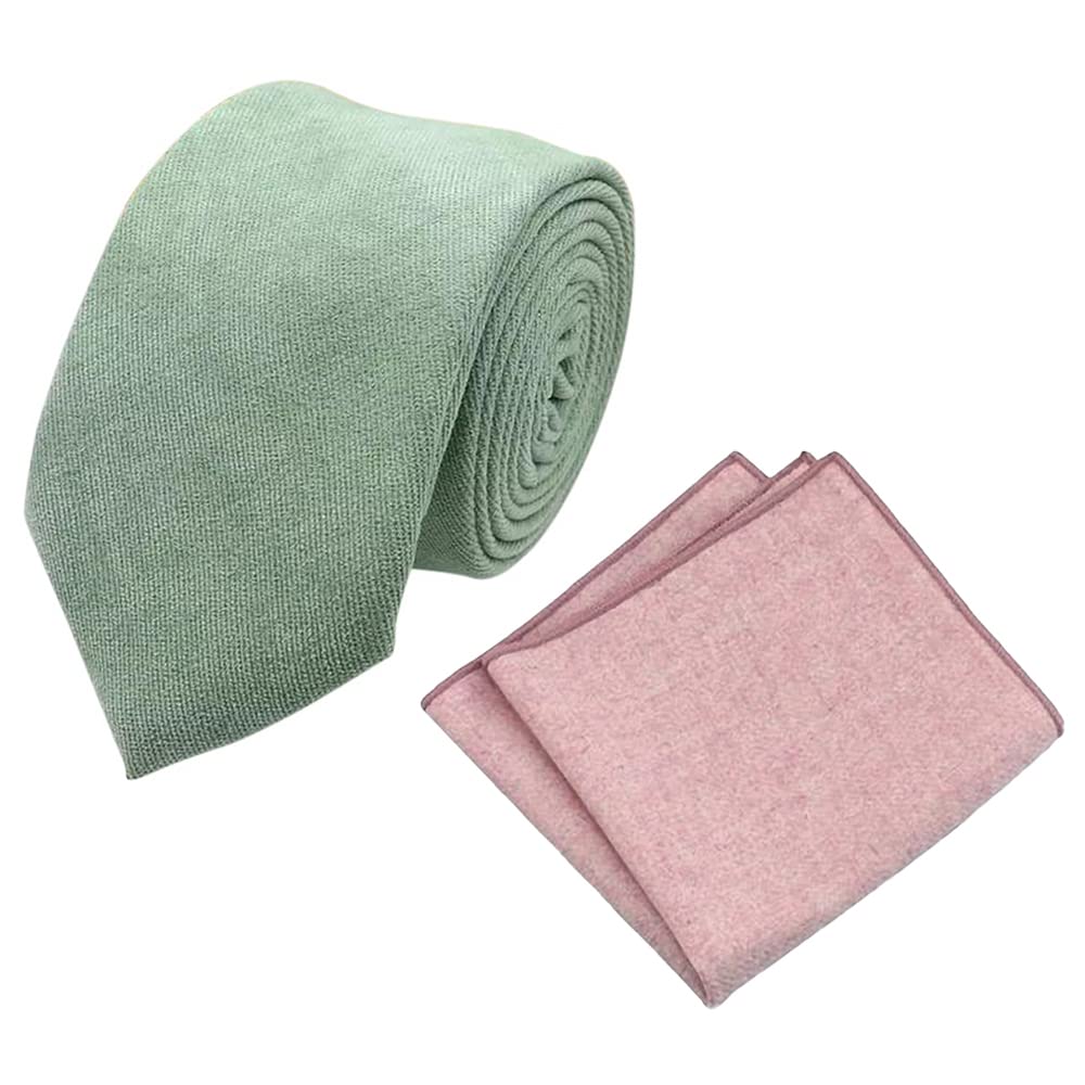 Db Dickie Bow Men's Sage Green & Dusty Pink Luxury Cotton Blend Skinny Neck Tie & Pocket Square Set (Sage Green & Dusty Pink) - Suitable For Formalwear, Office, Weddings, Parties, Grooms & Grooms Outfits