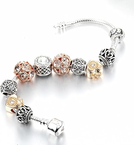 Miniatura 6 de Cadena de pulsera de serpiente, chapado en plata, con cuentas europeas con cierre de barril a presión (2 unidades, 6.7 pulgadas), Cobre