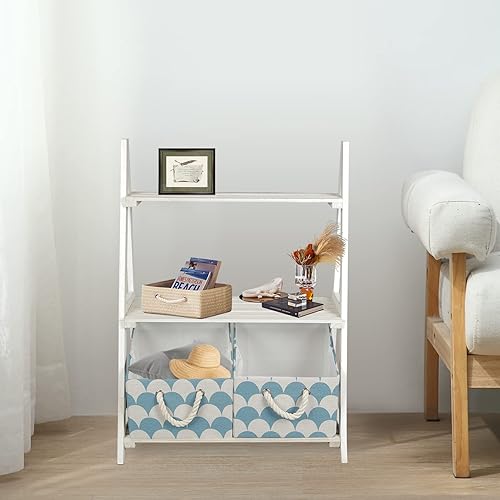 Miniatura 8 de ECOMEX Estantería de escalera pequeña, estantería de escalera de 3 niveles con 2 canastas, estantería rústica de madera, estante organizador de