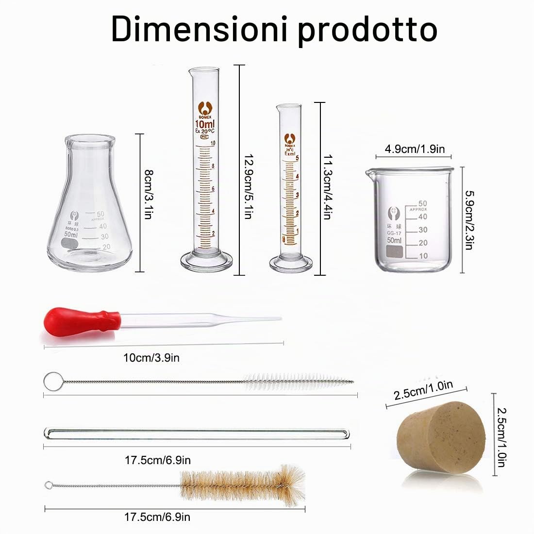 JESSTOLO 50ml Erlenmeyer Becher Cilindro Graduato Vetro Borosilicato con Contagocce Spazzolini Barra Agitazione