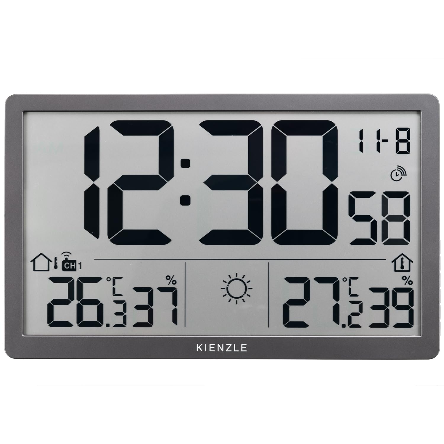Kienzle Funk-Wetter-Wanduhr mit XL LCD Display, Außensensor, Temperatur Luftfeuchtigkeit grau