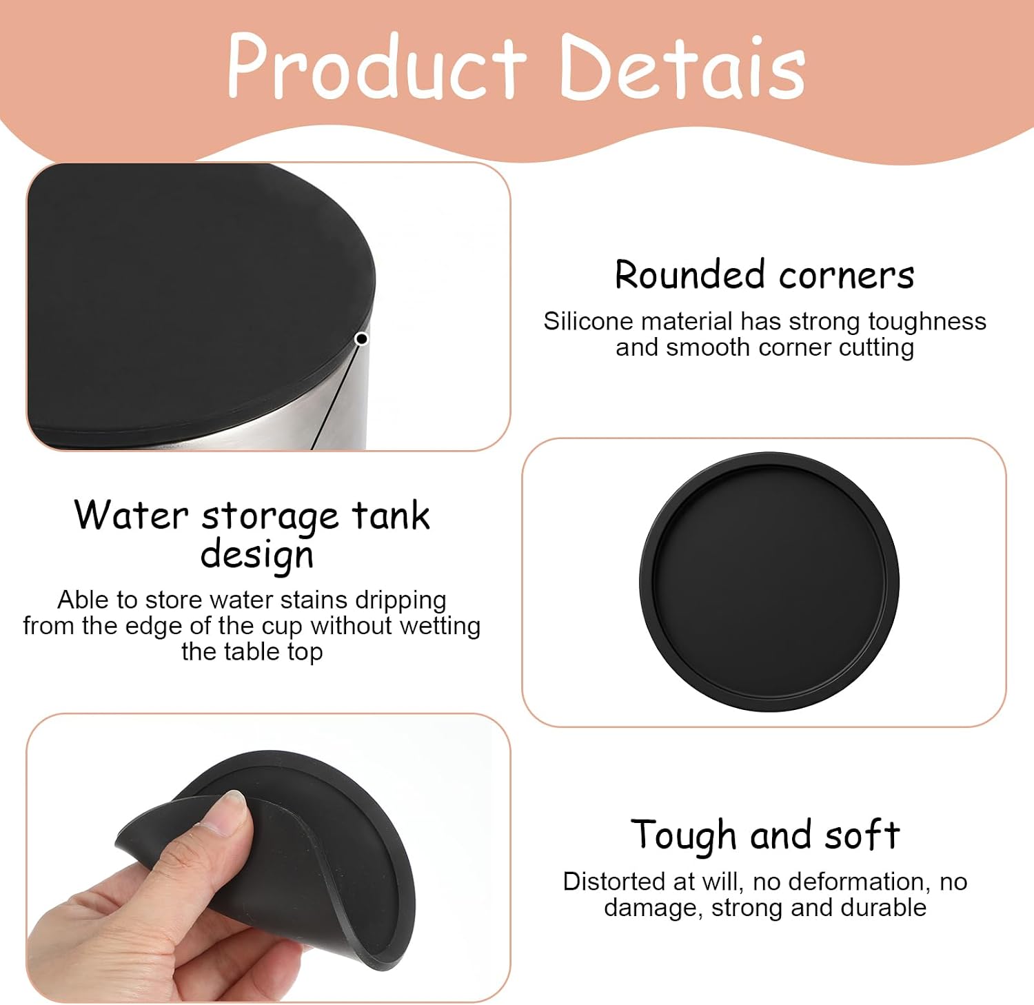 cobee Black Coasters Set of 4, Round Silicone Coasters with Grooved