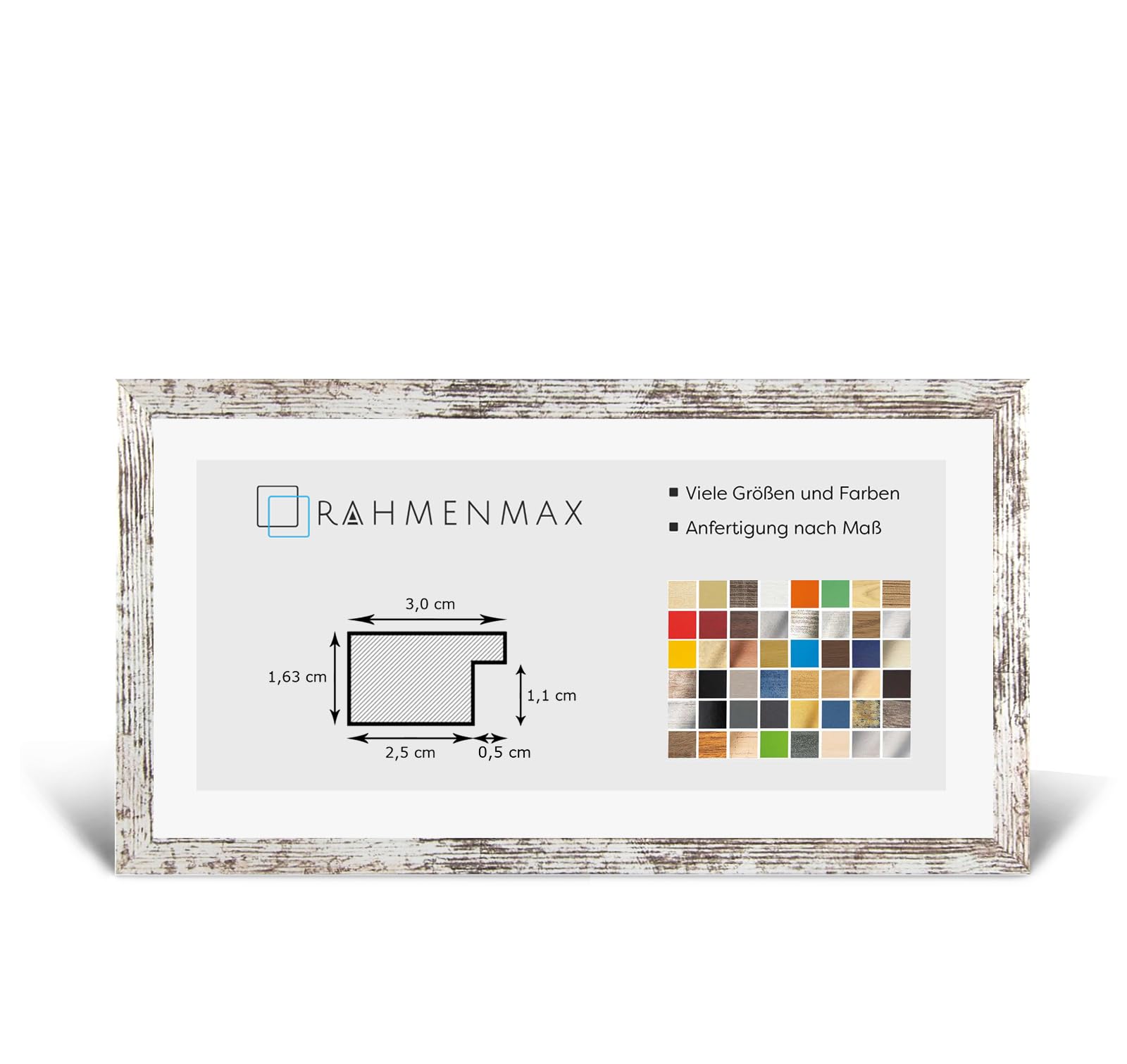 RahmenMax Morena Bilderrahmen Posterrahmen 35x100 cm Weiss Vintage Shabby Chic 100x35 cm mit weisser Rückwand und Antireflex Acrylglas