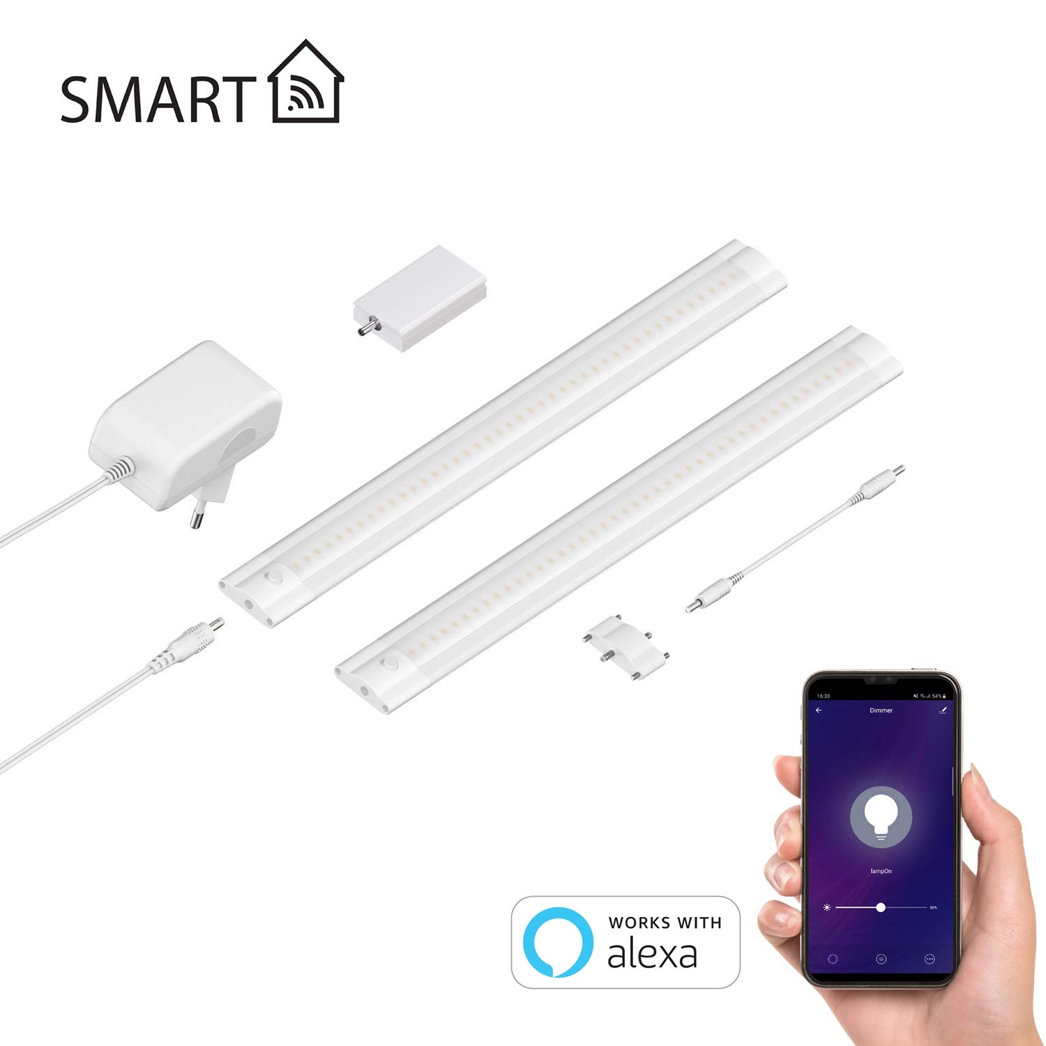 ledscom.de Smarte LED Unterbau-Leuchte SIRIS weiß matt, WLAN-Controller, flach, Smart-Home, Alexa-fähig, je 30cm, je 368lm, warmweiß, 2er Set