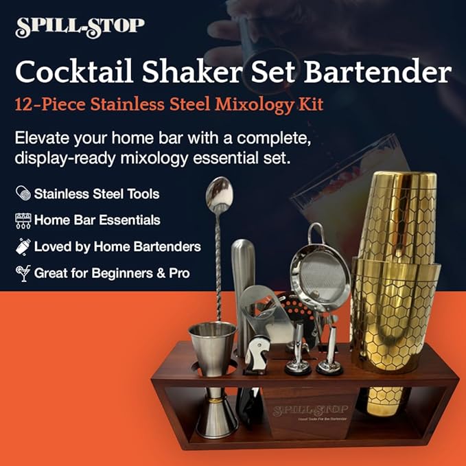 Kit de Bartender Coctelera de Acero Inoxidable 12 Piezas con Stand miniatura 3