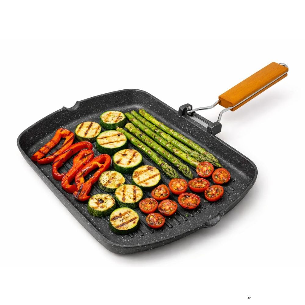 Bistecchiera 36x26 cm in Alluminio con Rivestimento in Pietra Antiaderente – Grill Pan Ultraresistente per Cottura Sana Senza Olio – Manico Ergonomico Pieghevole