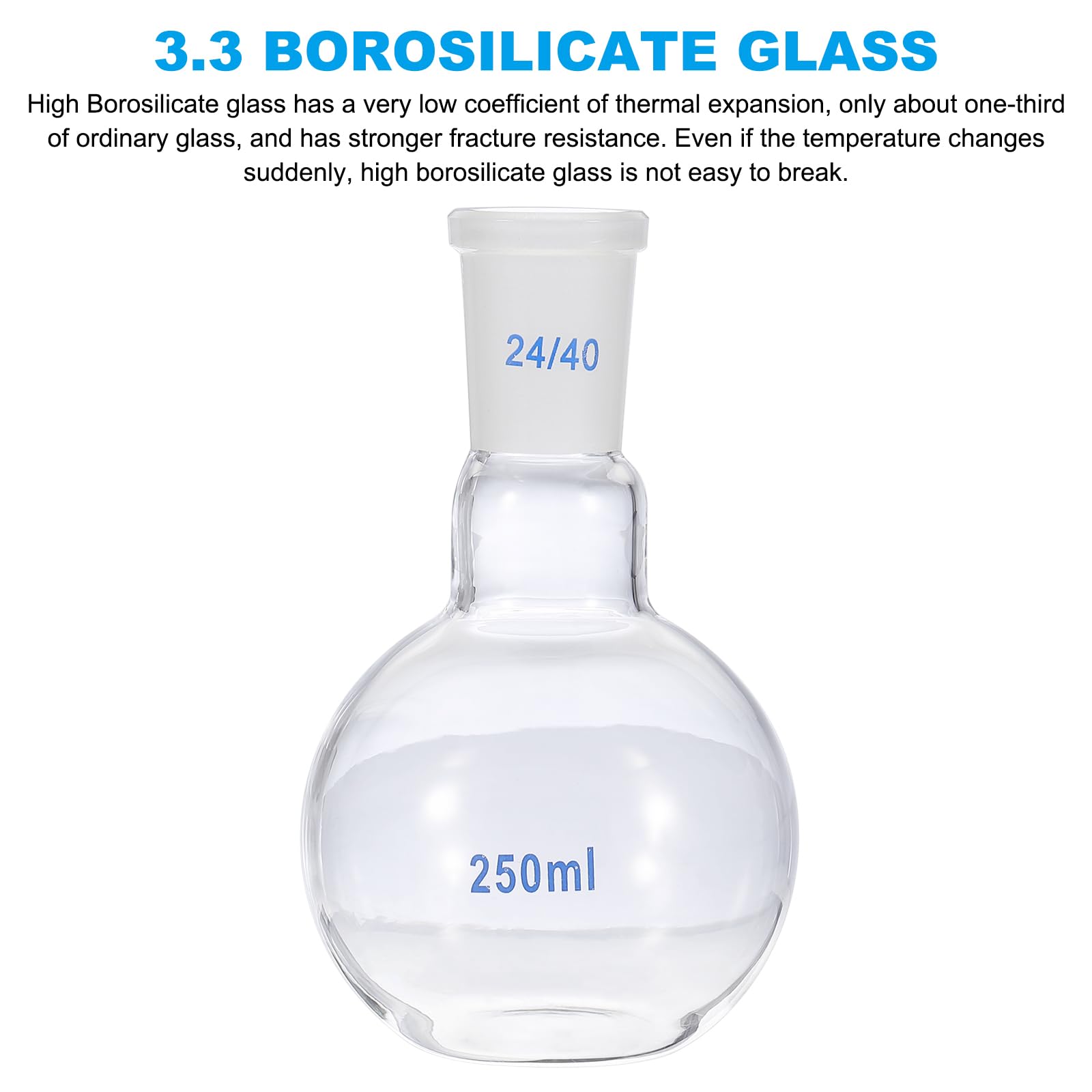 PATIKIL Ballon À Fond Plat 250ml, Ballon En Verre Borosilicate 3.3 À Col Simple Avec Joint Extérieur Conique Standard 24/40 Pour Laboratoire, Transparent