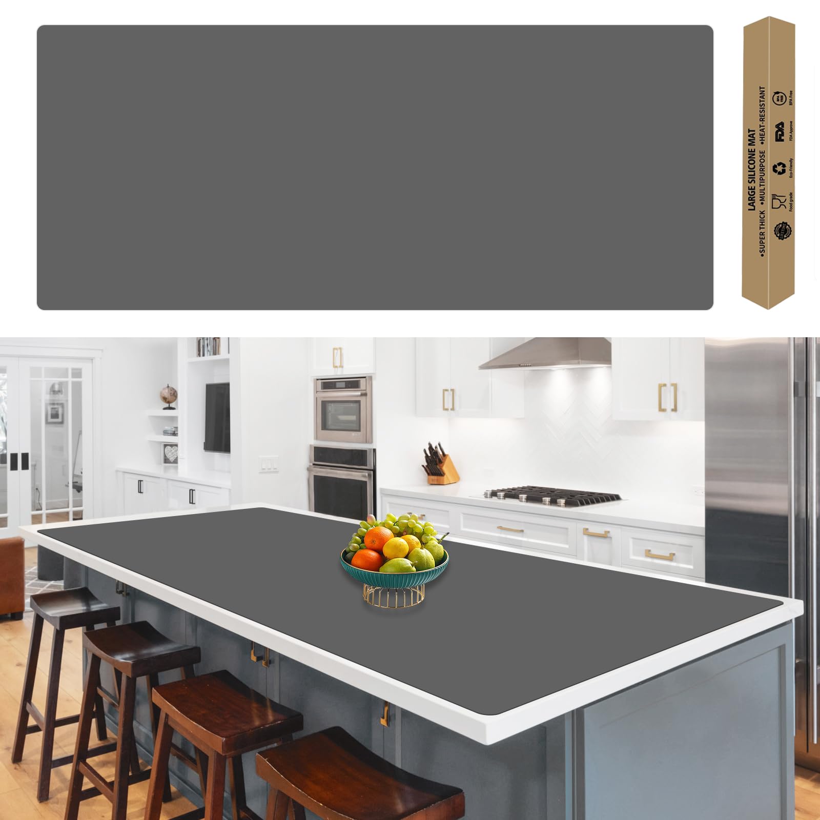 120" x24''(305cmx60cm) Extra Large Silicone Mat for Kitchen Counter, Heat Resistant Countertop Protector, Non-Slip Waterproof Kitchen Island Mat, Easy to Clean, Dark Gray
