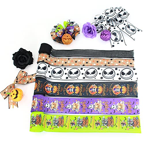 6 Rolls Nightmare Before Christmas Wired Ribbon 1.5" & 2.5" - Halloween Jack Skellington Sally Ribbon with Pumpkin/Spider/Bat/Patterns for Fall Halloween Christmas Decor, Wreath Bows, Gift Wrapping