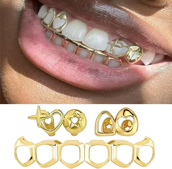 Gold Grillz Set Open Face Hip Hop Teeth 14k Gold Plated miniatura 2