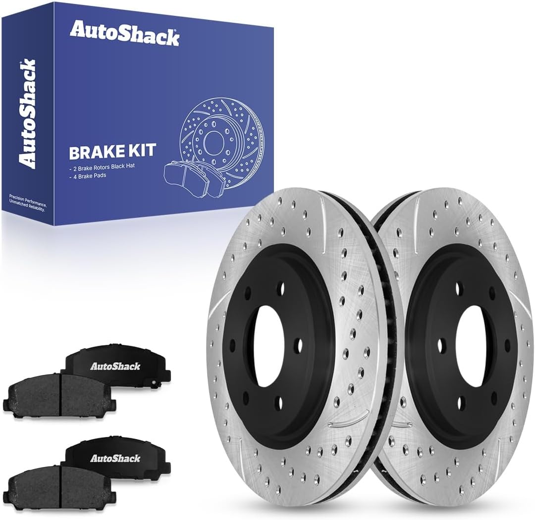 AutoShack Front Vented Drilled & Slotted E-Coated Brake Rotors + Ceramic Pads 6-PC Brake Kit Replacement for 2017-2024 Nissan TITAN 2017-2024 Nissan Armada ShadowGuard 13.77" (349.7 mm)