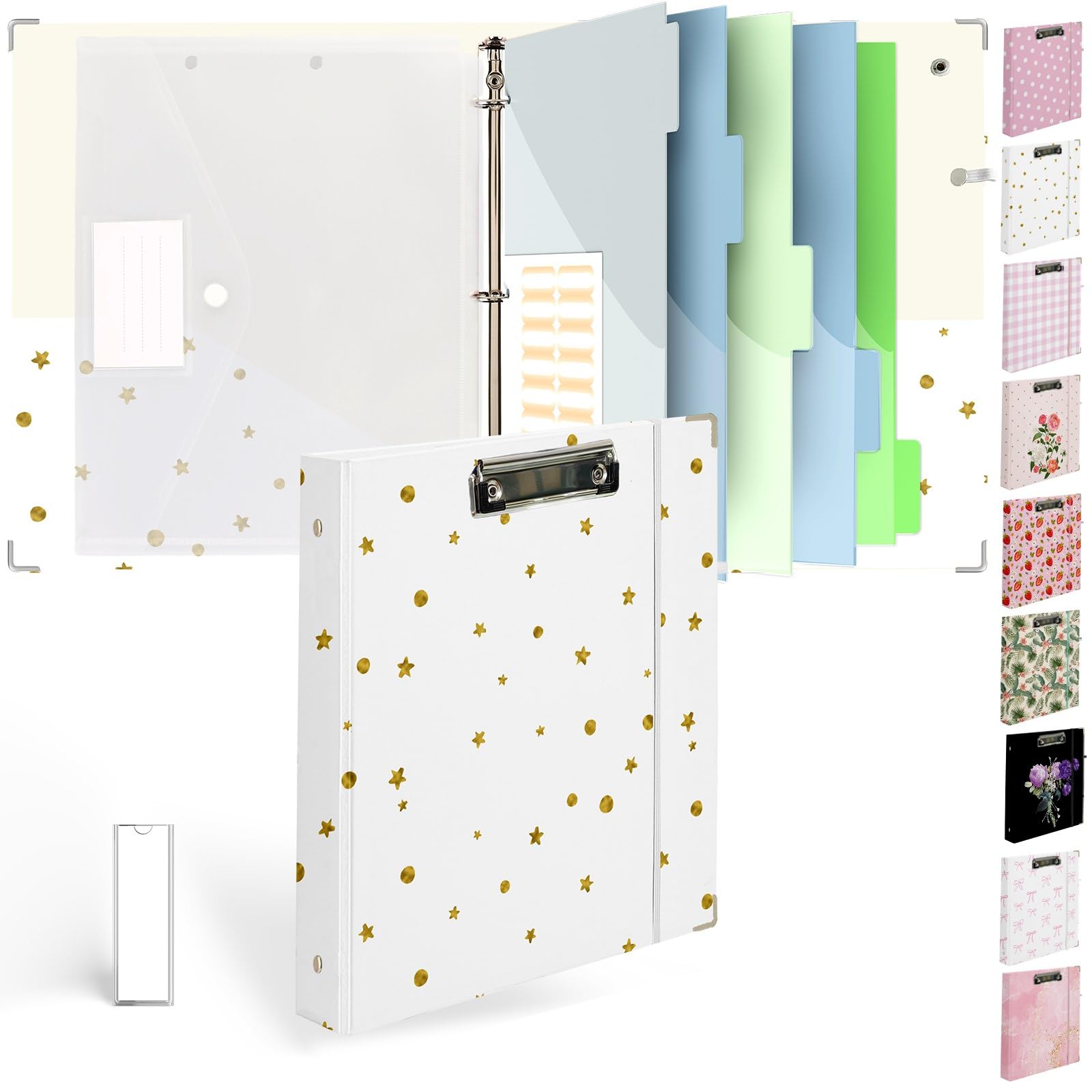 Etzul 3 Ring Binder 1 inch with Clipboard - White with Gold Dots & Stars Design, Includes Dividers, File Bag & Spine Label - Glamorous and Functional